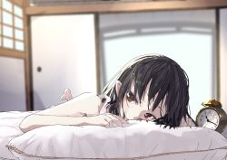 Rule 34 | 1girl, alarm clock, barefoot, black hair, blurry, blurry background, clock, commentary request, foot up, futatsuki eru, futon, head on pillow, looking at viewer, lying, morning, on stomach, pillow, pointy ears, red eyes, shameimaru aya, short hair, solo, sweatdrop, touhou, window