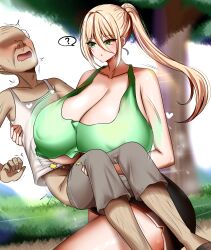 Rule 34 | 1boy, 1girl, absurdres, age difference, blonde hair, breasts, cleavage, highres, huge breasts, kishi, old, old man, older man and younger girl, paizuri, smile
