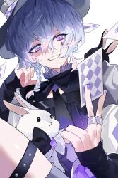 Rule 34 | 1boy, black shirt, braid, card, commentary, diamond (shape), facial mark, feet out of frame, fingernails, glint, grey hair, grey headwear, grin, hair between eyes, hat, highres, holding, holding card, jacket, jewelry, long bangs, looking at viewer, mahjong soul, male focus, mayo (cocoacat19), medium hair, playing card, purple eyes, purple nails, rabbit, ring, ryan (mahjong soul), shirt, side braid, simple background, single braid, smile, solo, top hat, white background, white jacket