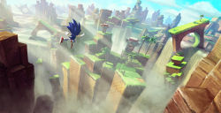 Rule 34 | 1boy, canyon, day, falling, green hill zone, hedgehog, highres, official art, palm tree, scenery, sonic (series), sonic forces, sonic the hedgehog, statue, tree, wide shot