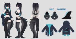 Rule 34 | 1girl, absurdres, asymmetrical clothes, bare shoulders, black footwear, black hair, black pants, blue eyes, blue hair, blue nails, boots, breasts, character name, closed mouth, colored inner hair, concept art, fingernails, full body, grey thighhighs, haiz (vtuber), highres, hip vent, horns, large breasts, lizard tail, long hair, looking at viewer, monstar (company), multicolored hair, multiple views, nail polish, pants, sharp teeth, simple background, single pantsleg, slit pupils, smile, tail, teeth, thighhighs, two-tone hair, underboob, virtual youtuber, white background, whitem (whiteemperor2020)