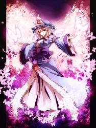 Rule 34 | 1girl, awa toka, bow, bug, butterfly, cherry blossoms, female focus, frills, hat, highres, bug, japanese clothes, outstretched arms, pink hair, ribbon, saigyouji yuyuko, short hair, solo, spread arms, touhou
