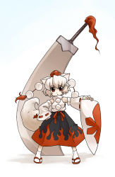 Rule 34 | 1girl, :&lt;, alternate weapon, animal ears, chibi, detached sleeves, female focus, fenne, geta, hat, highres, huge weapon, inubashiri momiji, phenne, red eyes, sandals, shield, short hair, solo, standing, sword, tail, tokin hat, touhou, weapon, white hair, wolf ears, wolf tail