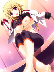 Rule 34 | 10s, 1girl, barefoot, blonde hair, blurry, blush, bodysuit, breasts, charlotte dunois, clothes lift, depth of field, dutch angle, feet, foreshortening, from below, highres, infinite stratos, jacket, jacket on shoulders, large breasts, crossed legs, long hair, long legs, motion blur, nipples, open mouth, pilot suit, purple eyes, rakujin, shirt lift, sitting, solo
