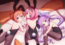 Rule 34 | 3girls, :o, animal ears, arm support, bare shoulders, bed sheet, black footwear, black hairband, black leotard, blush, bow, braid, brown eyes, brown hair, brown legwear, rabbit ears, rabbit hair ornament, rabbit tail, closed mouth, fake animal ears, flower, hair flower, hair ornament, hairband, high heels, kneeling, knees up, kyoka (princess connect!), hugging own legs, leotard, long hair, looking at viewer, looking back, low twintails, mimi (princess connect!), misogi (princess connect!), multiple girls, pantyhose, parted lips, pink hair, playboy bunny, pointy ears, princess connect!, princess connect!, purple hair, setmen, shoe soles, shoes, side ponytail, smile, strapless, strapless leotard, tail, twin braids, twintails, v, very long hair, white bow, white flower, wrist cuffs