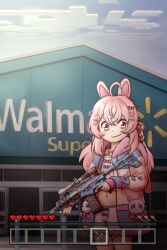 Rule 34 | 1girl, absurdres, ahoge, animal ears, ar-15, assault rifle, bloomers, blue bow, blue sky, blush stickers, bow, commentary, drawstring, english commentary, gun, hair ornament, heads-up display, heart, heart hair ornament, highres, holding, holding gun, holding weapon, hood, hood down, in minecraft (meme), kiln firelink, long hair, looking at viewer, meme, minecraft, navel, outdoors, pajamas, phase connect, pink bloomers, pink bow, pink eyes, pink hair, pink pajamas, pipkin pippa, pipkin pippa (1st costume), rabbit ears, rabbit girl, rabbit hair ornament, rabbit ornament, rifle, sky, smile, solo, standing, trigger discipline, underwear, upper body, virtual youtuber, walmart, weapon