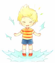 Rule 34 | 0mzum1, 1boy, blonde hair, blue shorts, blush, blush stickers, closed eyes, commentary request, lightning bolt symbol, lucas (mother 3), male focus, mother (game), mother 3, nintendo, open mouth, outstretched arms, quiff, red footwear, red shirt, shirt, shoes, short hair, short sleeves, shorts, simple background, socks, solo, spread arms, striped clothes, striped shirt, t-shirt, two-tone shirt, wavy mouth, white background, white socks, yellow shirt