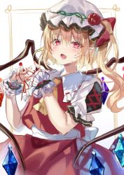 Rule 34 | 1girl, blonde hair, collarbone, commentary, crystal, fang, flandre day, flandre scarlet, hair between eyes, hat, highres, looking at viewer, mob cap, one side up, pointy ears, red eyes, red skirt, red vest, shirt, short sleeves, skirt, solo, symbol-only commentary, touhou, usushio, vest, white background, white hat, white shirt, wings, wrist cuffs