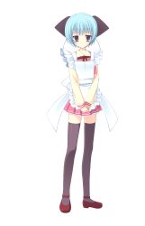 Rule 34 | 1girl, absurdres, animal ears, apron, black thighhighs, blue eyes, blue hair, cat ears, frilled apron, frills, full body, highres, long sleeves, looking at viewer, matching hair/eyes, neck ribbon, own hands together, pleated skirt, prism magical, red footwear, ribbon, school uniform, shoes, short hair, simple background, skirt, solo, tanihara natsuki, thighhighs, transparent background, v arms, wachi yuri, white background, zettai ryouiki