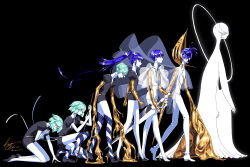 Rule 34 | 1other, absurdres, age progression, aqua hair, bald, black footwear, blue hair, bodysuit, bowl cut, broken, cloak, depressed, expressionless, from side, full body, gem uniform (houseki no kuni), golden arms, halo, hands on ground, happy, high heels, highres, holding, holding notepad, holding sword, holding weapon, houseki no kuni, kisumi rei, kneeling, leaning forward, long hair, moon uniform (houseki no kuni), multiple persona, notepad, on one knee, open mouth, other focus, phosphophyllite, phosphophyllite (10000), phosphophyllite (ll), ponytail, profile, puffy short sleeves, puffy sleeves, reverse grip, sad, see-through, see-through sleeves, shards, short hair, short sleeves, shorts, simple background, smile, sparkle, spikes, spoilers, standing, stiletto heels, striped, sword, walking, weapon, white bodysuit, white footwear, wide sleeves