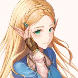 Rule 34 | 1girl, blonde hair, blush, braid, crown braid, csc00014, elf, fingerless gloves, gloves, green eyes, hair ornament, hairclip, hand on own face, long hair, looking at viewer, nintendo, parted bangs, pointy ears, princess zelda, smile, solo, the legend of zelda, the legend of zelda: breath of the wild, upper body