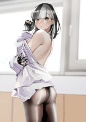 Rule 34 | 1girl, absurdres, ass, bare back, black gloves, black hair, black pantyhose, blurry, blurry background, blush, commentary, depth of field, eiko orihime, english commentary, fingerless gloves, from side, gloves, grey eyes, hand up, highres, indie virtual youtuber, indoors, long sleeves, looking at viewer, looking to the side, mole, mole under eye, multicolored hair, off shoulder, pantyhose, parted lips, pupi (rain prophet), shirt, solo, two-tone hair, virtual youtuber, white hair, white shirt