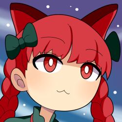 Rule 34 | 1girl, :3, animal ears, blush, bow, braid, bright pupils, cat ears, cat girl, closed mouth, commentary request, dress, extra ears, green bow, green dress, hair bow, hospital king, kaenbyou rin, long hair, looking at viewer, medium bangs, portrait, red eyes, red hair, smile, snow, snowing, solo, touhou, twin braids, white pupils