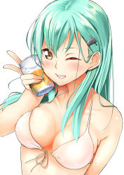 Rule 34 | 10s, 1girl, absurdres, aqua hair, bare shoulders, bikini, blush, breasts, brown eyes, byte (allbyte), can, front-tie top, grin, hair ornament, hairclip, highres, kantai collection, long hair, one eye closed, shizuka (deatennsi), simple background, smile, solo, suzuya (kancolle), swimsuit, upper body, v, white bikini