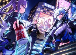 Rule 34 | 3girls, absurdres, ahoge, alternate costume, ass, billboard, blue hair, blurry, building, cameo, can, cola, collei (genshin impact), commentary, company connection, cone hair bun, contemporary, crossed arms, crossover, depth of field, double bun, drink can, elysia (herrscher of human:ego) (honkai impact), elysia (honkai impact), english commentary, english text, ganyu (genshin impact), genshin impact, grey eyes, gun, hair between eyes, hair bun, hair ornament, highres, holding, holding can, honkai (series), honkai impact 3rd, horns, keqing (genshin impact), long hair, long sleeves, looking at viewer, mhunter 45, mihoyo, multiple girls, necktie, night, night sky, ningguang (genshin impact), orange eyes, purple eyes, purple hair, rifle, scope, side slit, sidelocks, sitting, sky, skyline, skyscraper, smile, sniper rifle, soda can, tighnari (genshin impact), twintails, weapon, white hair, zhongli (genshin impact)