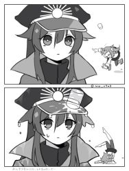 Rule 34 | 2girls, bad id, bad twitter id, chaldea uniform, comic, commentary request, cup, dripping, fallen down, falling, family crest, fate/grand order, fate (series), fujimaru ritsuka (female), greyscale, hair ornament, hair scrunchie, hat, long hair, military hat, monochrome, multiple girls, nm 0923, oda nobunaga (fate), oda nobunaga (koha-ace), oda uri, peaked cap, scrunchie, side ponytail, skirt, spilling, tripping, water, wet, wet clothes