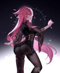 Rule 34 | 1girl, absurdres, animal ears, artist name, ass, bracelet, closed mouth, floating hair, fox ears, from behind, genshin impact, heart, highres, jewelry, long hair, long sleeves, looking back, pink hair, purple eyes, ringeko-chan, see-through, see-through sleeves, solo, standing, thigh strap, very long hair, yae miko