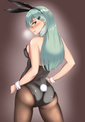 Rule 34 | 10s, 1girl, :d, animal ears, aqua eyes, aqua hair, ass, back, bare arms, bare shoulders, black leotard, blue eyes, blush, breasts, breath, cowboy shot, crotch, detached collar, fake animal ears, female focus, fishnet pantyhose, fishnets, from behind, hair ornament, hairband, hairclip, hazamanokaien, heavy breathing, highres, kantai collection, kurokku, large breasts, leotard, long hair, looking at viewer, looking back, open mouth, pantyhose, playboy bunny, profile, rabbit ears, rabbit tail, sideboob, skindentation, smile, solo, standing, strapless, strapless leotard, suzuya (kancolle), sweat, tail, thighs, wrist cuffs