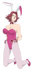 Rule 34 | 1girl, absurdres, animal ears, arms behind back, bare shoulders, blue eyes, bound, bow, bowtie, breasts, cameltoe, cleavage, code geass, collarbone, covered navel, detached collar, fake animal ears, female focus, head tilt, heart, high heels, highres, kouzuki kallen, kneeling, large breasts, legs, leotard, looking at viewer, looking down, open mouth, pantyhose, playboy bunny, rabbit ears, red hair, shoes, short hair, simple background, skin tight, solo, thighs, tied up, white background