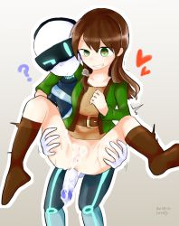 Rule 34 | 1boy, 1girl, ?, android, arm around neck, belt, blue eyes, boots, bottomless, breath, brown belt, brown footwear, brown hair, brown tank top, collarbone, colored skin, cum, cum on body, cum on lower body, cum on penis, cum on pussy, cyborg (terraria), green eyes, green jacket, grey background, grin, heart, heart-shaped pupils, held up, jacket, landly, legs up, long hair, looking at another, outline, penis, penis out, smile, spread legs, standing, steampunker (terraria), symbol-shaped pupils, tank top, teeth, terraria, thigh boots, thigh grab, uncensored, veins, veiny penis, white skin