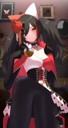 Rule 34 | 1girl, animal ears, bizusuhatu123, black gloves, black hair, black pantyhose, cup, elbow gloves, fake animal ears, flower, gloves, hair flower, hair ornament, highres, holding, holding cup, hololive, long hair, looking at viewer, multicolored hair, ookami mio, ookami mio (wonderland), pantyhose, red hair, rose, sitting, streaked hair, thighs, twintails, virtual youtuber, wolf ears, wolf girl, yellow eyes