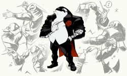 Rule 34 | absurdres, apoloniodraws, conductor baton, black suit, conductor, flower, formal, highres, music, orca, orchestra, original, personification, red eyes, red flower, singing, suit, tattoo