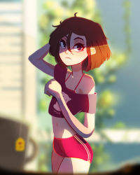 Rule 34 | 1girl, :&lt;, absurdres, animal print, arm behind head, blurry, bob cut, bra, bra peek, brown hair, cat print, commentary request, cowboy shot, crop top, cropped shirt, crotch seam, cup, depth of field, dolphin shorts, film grain, flat chest, frown, hair between eyes, hand on own chest, hands up, highres, lamb goes baaaaa, legs together, messy hair, micro shorts, midriff, mug, multicolored clothes, multicolored shorts, navel, off shoulder, original, photoshop (medium), print shirt, purple eyes, red bra, red shorts, shade, shirt, short hair, shorts, side slit, side slit shorts, skinny, spaghetti strap, standing, striped clothes, striped legwear, striped shorts, taut clothes, taut shorts, tea, thighs, two-tone legwear, two-tone shorts, underwear, vertical-striped legwear