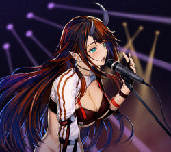 Rule 34 | 1girl, nanashi inc., black gloves, black hair, blush, breasts, commentary request, concert, ear piercing, fangs, fingerless gloves, fishnets, gloves, green eyes, horns, kadokura sion, large breasts, long hair, microphone, microphone stand, multicolored hair, music, nail polish, open mouth, piercing, red hair, red nails, ryugasaki rene, singing, standing, sugar lyric, teeth, underboob, virtual youtuber