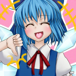 Rule 34 | 1girl, ^ ^, blue hair, bow, cirno, closed eyes, hair bow, heart, open mouth, short hair, smile, solo, thumbs down, tori (minamopa), touhou, upper body, wings
