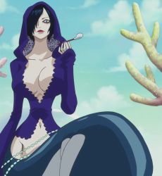 Rule 34 | 1girl, breasts, cloud, hair over one eye, highres, madame shirley, mermaid, monster girl, navel, one piece, screencap, solo, stitched, third-party edit