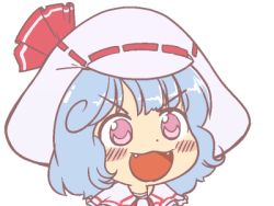 Rule 34 | 1girl, blue hair, blush, curiosities of lotus asia, dot nose, fangs, gyate gyate, hat, ikiyouz, lowres, open mouth, pink eyes, portrait, remilia scarlet, solo, touhou, transparent background, v-shaped eyebrows