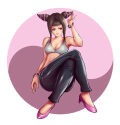 Rule 34 | 1girl, alternate costume, bikini, bikini top only, black hair, breasts, casual, cleavage, crossed legs, drill hair, ernest ow tar hoay, full body, han juri, high heels, legs, midriff, pants, purple eyes, short twintails, sitting, solo, street fighter, street fighter iv (series), swimsuit, tank top, thighs, twin drills, twintails, watch, wristwatch