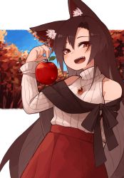 Rule 34 | 1girl, adapted costume, animal ear fluff, animal ears, apple, arm up, asymmetrical bangs, bare shoulders, blush, brooch, brown eyes, brown hair, commentary request, detached sleeves, ear ornament, fang, food, forest, fruit, hair between eyes, high-waist skirt, highres, holding, holding food, holding fruit, imaizumi kagerou, jewelry, kaginoni, long hair, long sleeves, looking at viewer, nature, off-shoulder sweater, off shoulder, open mouth, parted bangs, pendant, red apple, red eyes, red skirt, ribbed sweater, shawl, sidelocks, skirt, slit pupils, smile, solo, sweater, touhou, turtleneck, turtleneck sweater, very long hair, werewolf, white background, white sweater, wolf ears
