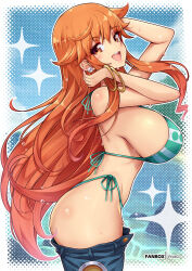 Rule 34 | 1girl, arms up, artist name, ass, bare shoulders, bikini, blush, border, bracelet, breasts, brown eyes, clothes pull, cowboy shot, denim, earrings, from side, jeans, jewelry, large breasts, long hair, looking at viewer, nami (one piece), one piece, open mouth, orange hair, pants, pants pull, polka dot, polka dot background, shiny skin, side-tie bikini bottom, sideboob, smile, solo, standing, striped bikini, striped clothes, sweat, swimsuit, teeth, thong, thong bikini, upper teeth only, virus-g, white border, wide hips