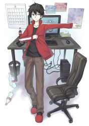 Rule 34 | 104 (luins104), 1boy, black hair, black shirt, bottle, brown eyes, brown pants, calendar, chair, computer, desk, dressing, full body, highres, holding, holding clothes, jacket, kagerou project, kisaragi shintarou, male focus, outstretched arm, pants, red jacket, shirt, shoes, short hair, simple background, solo, standing