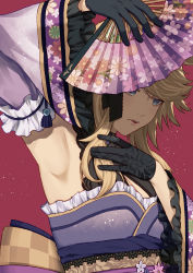 Rule 34 | 1girl, absurdres, animal ears, arm up, armpit focus, armpits, bad id, bad pixiv id, black gloves, blonde hair, blue eyes, breasts, cleavage cutout, clothing cutout, commentary request, detached sleeves, folding fan, frilled kimono, frilled sleeves, frills, gloves, gold city (akizakura danzatrice) (umamusume), gold city (umamusume), hand fan, highres, holding, holding fan, horse ears, horse girl, japanese clothes, jugemu (qqkyon), kimono, long hair, looking down, obi, official alternate costume, parted lips, purple kimono, purple sleeves, red background, sash, sidelocks, simple background, sleeveless, sleeveless kimono, small breasts, solo, standing, swept bangs, umamusume, upper body