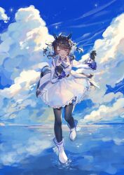 Rule 34 | 1girl, ahoge, animal ears, bird, black hair, blush, breasts, cho k (choco tcl), closed eyes, cloud, daring tact (umamusume), full body, gloves, hair ornament, highres, horse ears, horse tail, jacket, leg up, medium breasts, open mouth, shoes, sky, solo, standing, standing on one leg, tail, umamusume, water