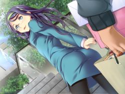 Rule 34 | 1girl, ass, bag, blue eyes, blue hair, breasts, dutch angle, formal, game cg, glasses, hairband, happy, legs, long hair, looking back, open mouth, pantyhose, skirt, small breasts, smile, solo focus, stairs, standing, suit, suzuki mei, thighs, tree, urawaza spectrum, walking