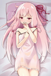 Rule 34 | 1girl, bed sheet, blush, commentary request, covering own mouth, dress, kotonoha akane, long hair, looking away, lying, ominaeshi (takenoko), on back, pillow, pink dress, pink hair, solo, strap slip, sweat, very long hair, voiceroid