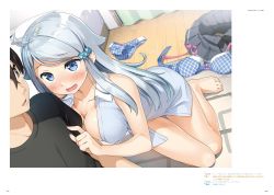 Rule 34 | 1boy, 1girl, ahoge, bare legs, bed, bed sheet, blue bra, blue eyes, blue panties, blue scrunchie, blush, bow, bow bra, bow panties, bra, unworn bra, breasts, collarbone, curtains, floor, hair ornament, hair scrunchie, hashima itsuki, hetero, highres, imouto sae ireba ii, kani nayuta, kantoku, large breasts, long hair, looking at another, lossy-lossless, naked shirt, novel illustration, official art, open mouth, panties, unworn panties, plaid, plaid bra, plaid panties, scrunchie, shirt, silver hair, skirt, unworn skirt, sleeveless, sleeveless shirt, smile, solo focus, translation request, underwear