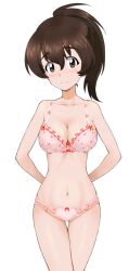 Rule 34 | 1girl, arms behind back, bow, bow bra, bow panties, bra, breasts, brown eyes, brown hair, cleavage, closed mouth, commentary request, commission, cowboy shot, girls und panzer, kayabakoro, koyama yuzu, large breasts, light blush, looking at viewer, medium hair, navel, panties, partial commentary, pink bra, pink panties, pixiv commission, ponytail, smile, solo, standing, thigh gap, underwear, underwear only