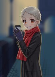 Rule 34 | 1girl, black coat, black gloves, blurry, blurry background, blush, coat, coffee, commission, cup, disposable cup, earclip, earrings, gloves, highres, holding, holding cup, idolmaster, idolmaster cinderella girls, jewelry, long sleeves, looking at viewer, outdoors, pixiv commission, red scarf, scarf, senzaki ema, short hair, smile, standing, stud earrings, wgm oekaki