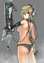 Rule 34 | 10s, 1girl, 2014, amputee, ass, bag, bag charm, black panties, breasts, brown hair, cable, casing ejection, cellphone strap, cowboy shot, cyborg, dated, expressionless, from behind, gia, gun, hair over one eye, headphones, highres, large breasts, looking at viewer, looking back, no pants, original, panties, panties only, prosthesis, red eyes, shell casing, short hair, shoulder bag, signature, smoke, smoking barrel, solo, topless, underwear, underwear only, weapon