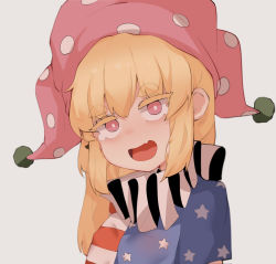 Rule 34 | 1girl, american flag dress, bad id, bad pixiv id, blonde hair, blurry, bright pupils, clownpiece, commentary request, depth of field, fang, hair between eyes, hat, highres, jester cap, light blush, long hair, looking at viewer, neck ruff, pink eyes, pink hat, polka dot headwear, short sleeves, simple background, skin fang, solo, soya6479, star (symbol), star print, thick eyebrows, touhou, white background, white pupils