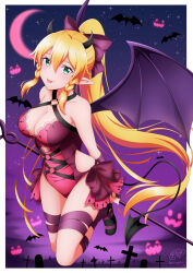 Rule 34 | 1girl, alternate costume, arms behind back, bat (animal), blonde hair, border, bow, braid, breasts, cleavage, collarbone, criss-cross halter, demon horns, demon tail, demon wings, elf, floating hair, full body, green eyes, hair between eyes, hair bow, halloween, halloween costume, halterneck, high ponytail, highres, horns, ken-ji, large breasts, leafa, leg ribbon, leotard, long hair, looking at viewer, outside border, pointy ears, purple bow, purple ribbon, purple wings, red leotard, ribbon, signature, solo, sparkle, sword art online, tail, thigh ribbon, tongue, tongue out, twin braids, very long hair, white border, wings