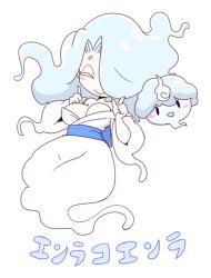 Rule 34 | 1girl, :&gt;, bare shoulders, blue hair, blush stickers, breasts, character name, closed eyes, enraenra (youkai watch), hair over one eye, japanese clothes, kimono, koenra, large breasts, long hair, nollety, off shoulder, simple background, white background, youkai (youkai watch), youkai watch