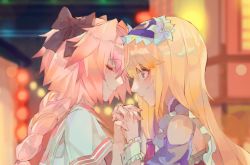 Rule 34 | 2boys, androgynous, astolfo (fate), astolfo (sailor paladin) (fate), bare shoulders, black bow, blonde hair, blue dress, blue eyes, blurry, blurry background, blush, bow, braid, chevalier d&#039;eon (fate), closed eyes, closed mouth, depth of field, dress, facing away, fate/grand order, fate (series), frilled hairband, frills, from side, hair between eyes, hair bow, hairband, interlocked fingers, kibadori rue, light smile, long hair, looking at another, multiple boys, neon lights, night, official alternate costume, outdoors, pink hair, profile, red sailor collar, sailor collar, school uniform, serafuku, shirt, single braid, smile, trap, white shirt, wristband