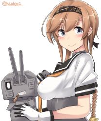 Rule 34 | 1girl, absurdres, blue eyes, blush, breasts, chou-10cm-hou-chan (teruzuki&#039;s), closed mouth, corset, gloves, hair ornament, highres, kantai collection, kiritto, light brown hair, looking at viewer, medium breasts, propeller hair ornament, sailor collar, short sleeves, simple background, smile, solo, teruzuki (kancolle), twintails, twitter username, upper body, white background, white gloves