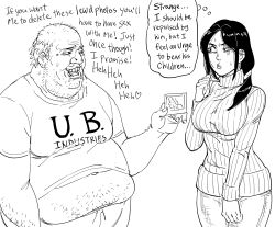 Rule 34 | 1boy, 1girl, balding, bb (baalbuddy), breasts, commentary, english commentary, english text, fat, fat man, greyscale, highres, large breasts, monochrome, obese, original, photo (object), ponytail, ribbed sweater, shirt, simple background, speech bubble, sweater, t-shirt, thought bubble, turtleneck, ugly man, white background