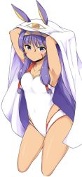 Rule 34 | 1girl, armpits, blush, breasts, closed mouth, competition swimsuit, cropped legs, dark-skinned female, dark skin, earrings, fate/grand order, fate (series), hair tubes, hairband, hoop earrings, jewelry, lockheart, long hair, looking at viewer, medium breasts, nitocris (fate), nitocris (swimsuit assassin) (second ascension) (fate), one-piece swimsuit, purple eyes, purple hair, sidelocks, simple background, solo, swimsuit, thighs, tsurime, veil, white background, white one-piece swimsuit